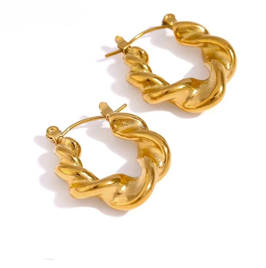 Stainless Steel Twist Hoop Earrings with 18K Gold Plating