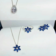 Sterling Silver Blue Floral Cluster Jewelry Set