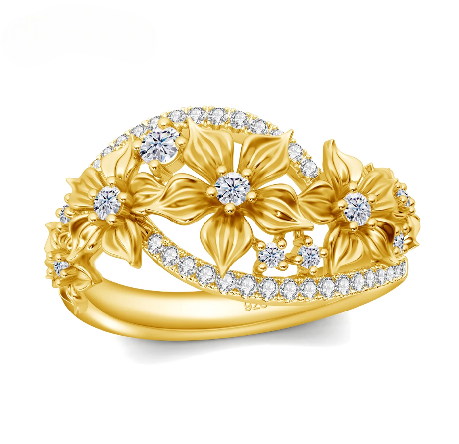 Yellow Gold Moissanite Ring For Women: Exquisite Floral Design