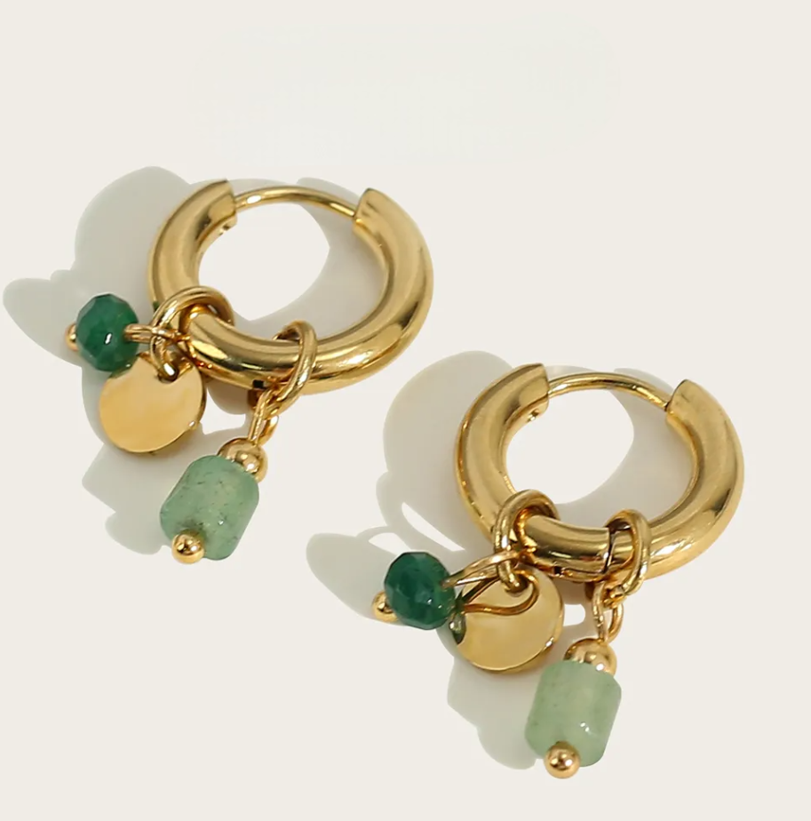 18K Gold Plated Stainless Steel Hoop Earrings for Women with Vintage Green Natural Stone Charms