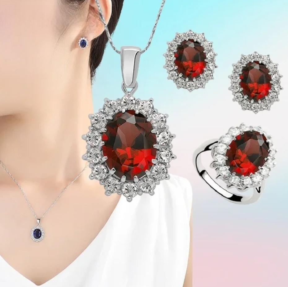 925 Sterling Silver Oval Flower Wedding Jewelry Set