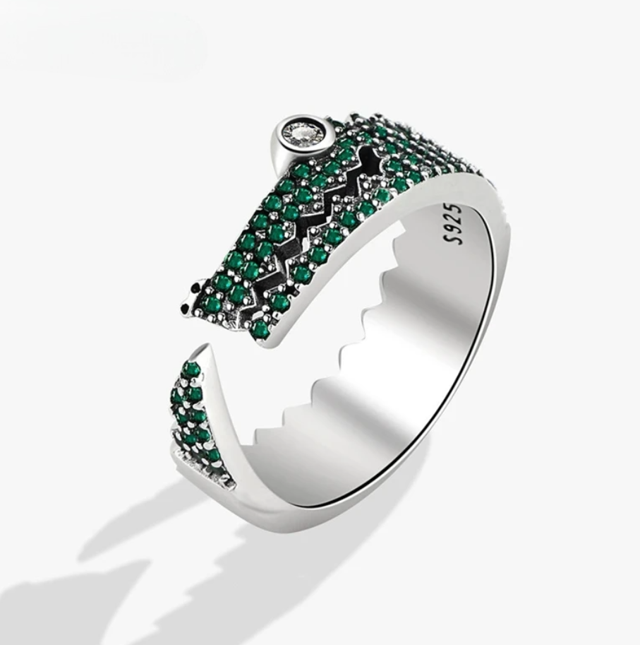 Green Zircon Crocodile Sterling Silver Resizable Opening Ring