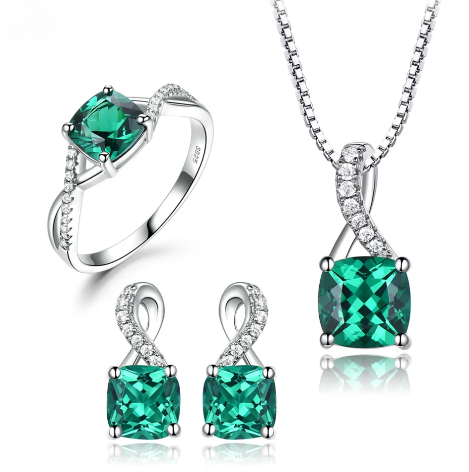 Elegant 925 Sterling Silver Jewelry Set with Created Emerald