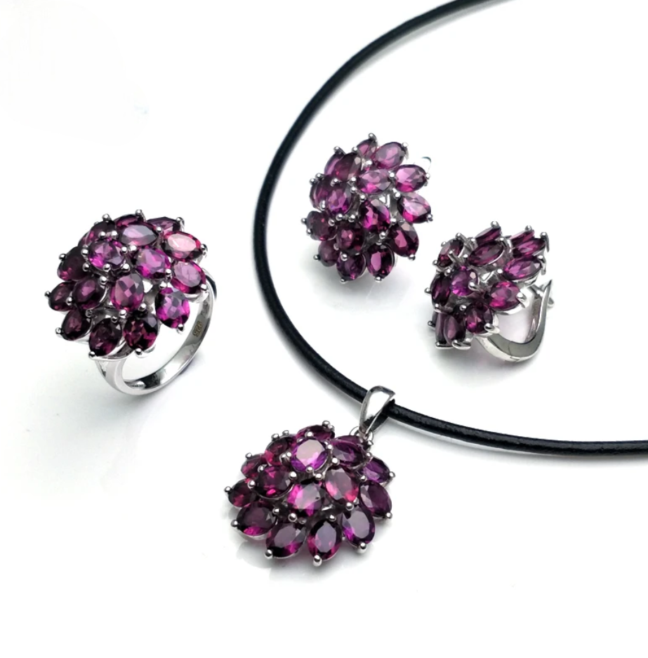 Elegant Natural Rhodolite Garnet Gemstone Jewelry Set