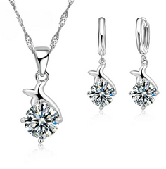 925 Sterling Silver Crystal Pendant Necklace and Earrings Set