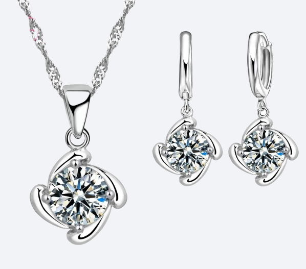 925 Sterling Silver Crystal Pendant Necklace and Earrings Set