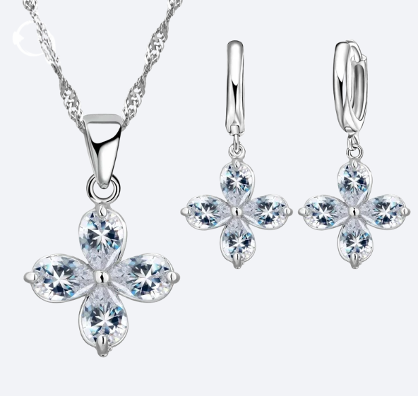 925 Sterling Silver Crystal Pendant Necklace and Earrings Set