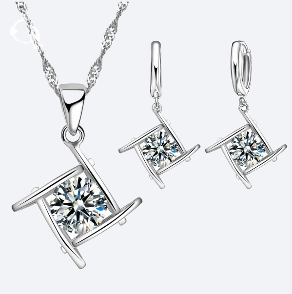 925 Sterling Silver Crystal Pendant Necklace and Earrings Set