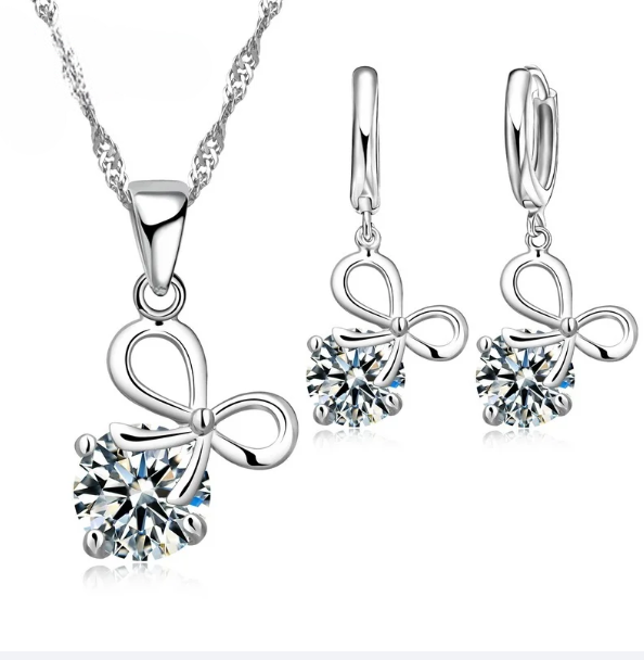 925 Sterling Silver Crystal Pendant Necklace and Earrings Set