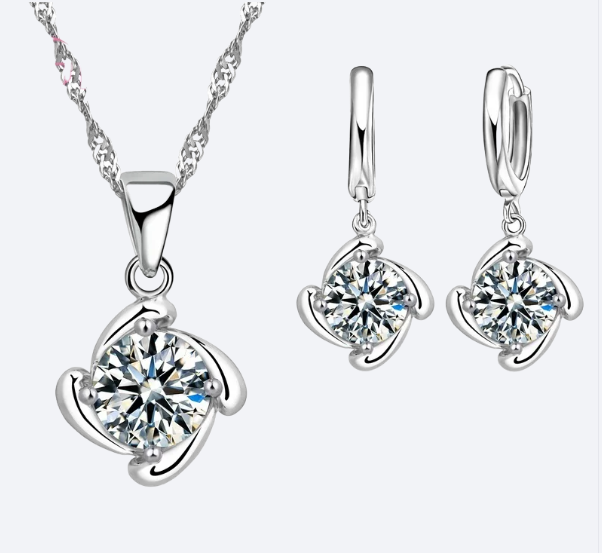 925 Sterling Silver Crystal Pendant Necklace and Earrings Set