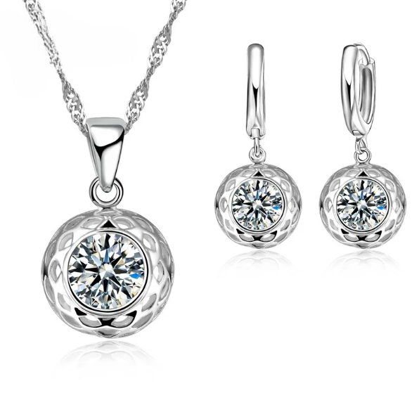 925 Sterling Silver Crystal Pendant Necklace and Earrings Set