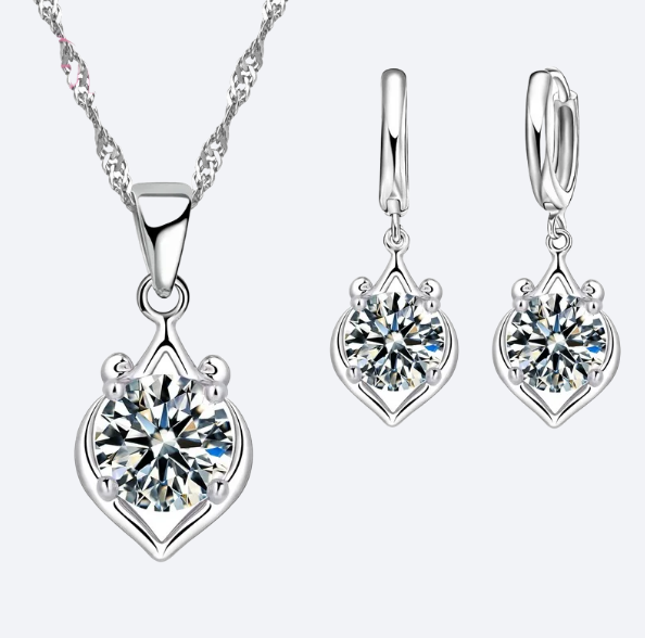 925 Sterling Silver Crystal Pendant Necklace and Earrings Set