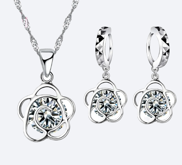 925 Sterling Silver Crystal Pendant Necklace and Earrings Set