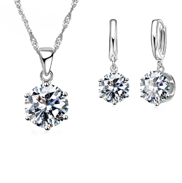 925 Sterling Silver Crystal Pendant Necklace and Earrings Set