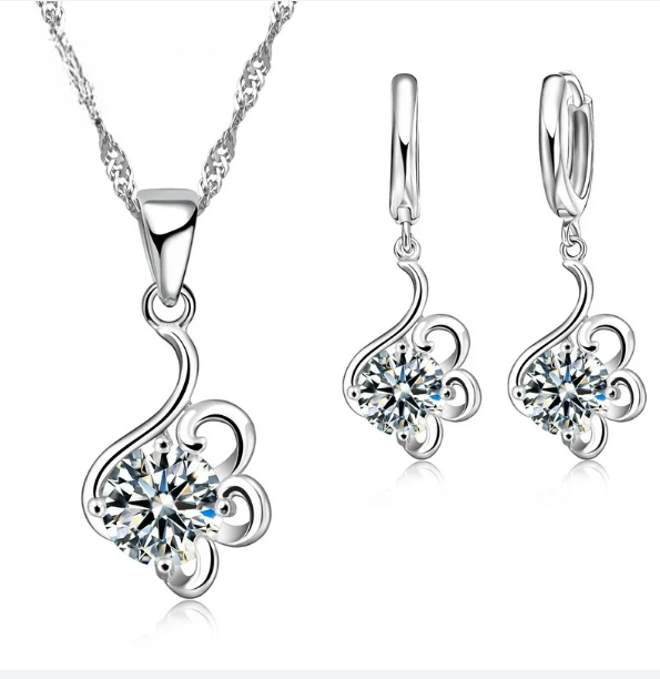 925 Sterling Silver Crystal Pendant Necklace and Earrings Set