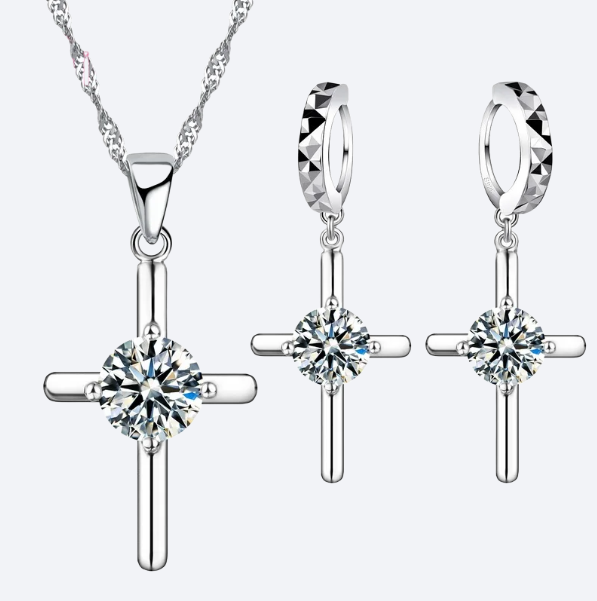 925 Sterling Silver Crystal Pendant Necklace and Earrings Set