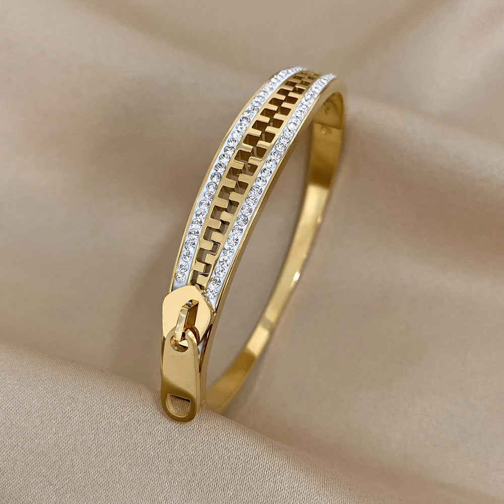 Gold-Plated Stainless Steel Zipper Bracelet Charm Bangle for Women