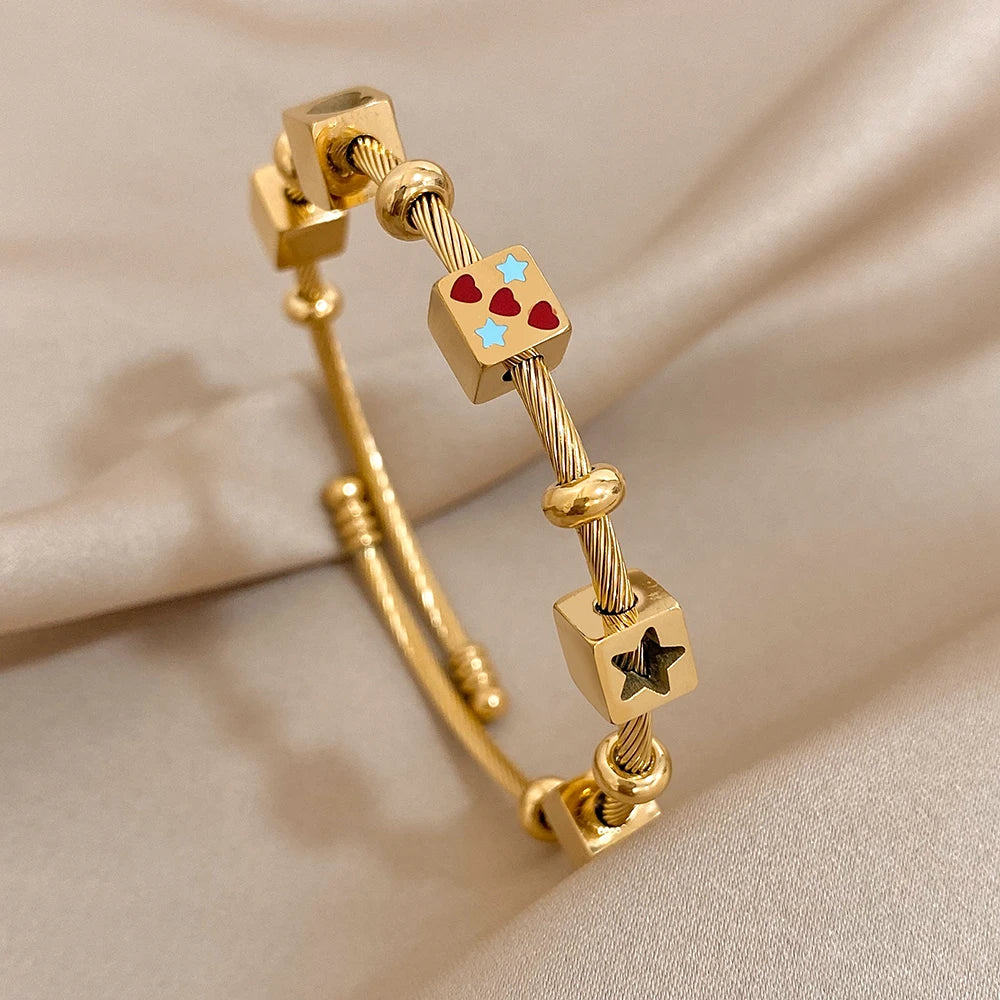 Trendy Heart Love Stars Dice Charm 18k Gold Plated Bangles for Women