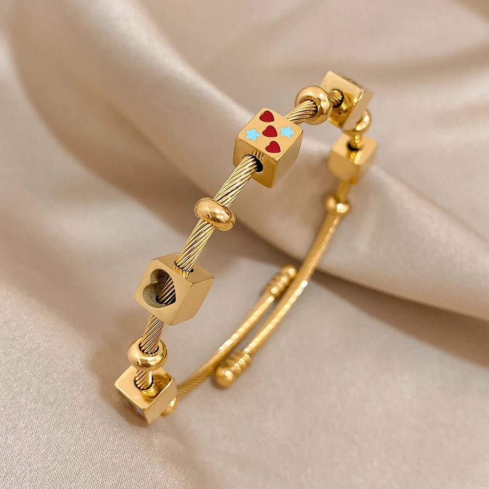 Trendy Heart Love Stars Dice Charm 18k Gold Plated Bangles for Women