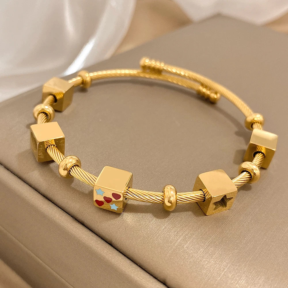 Trendy Heart Love Stars Dice Charm 18k Gold Plated Bangles for Women