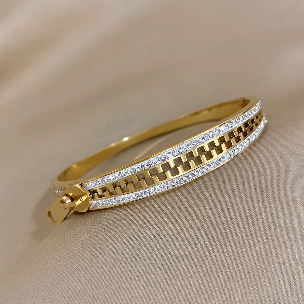 Gold-Plated Stainless Steel Zipper Bracelet Charm Bangle for Women