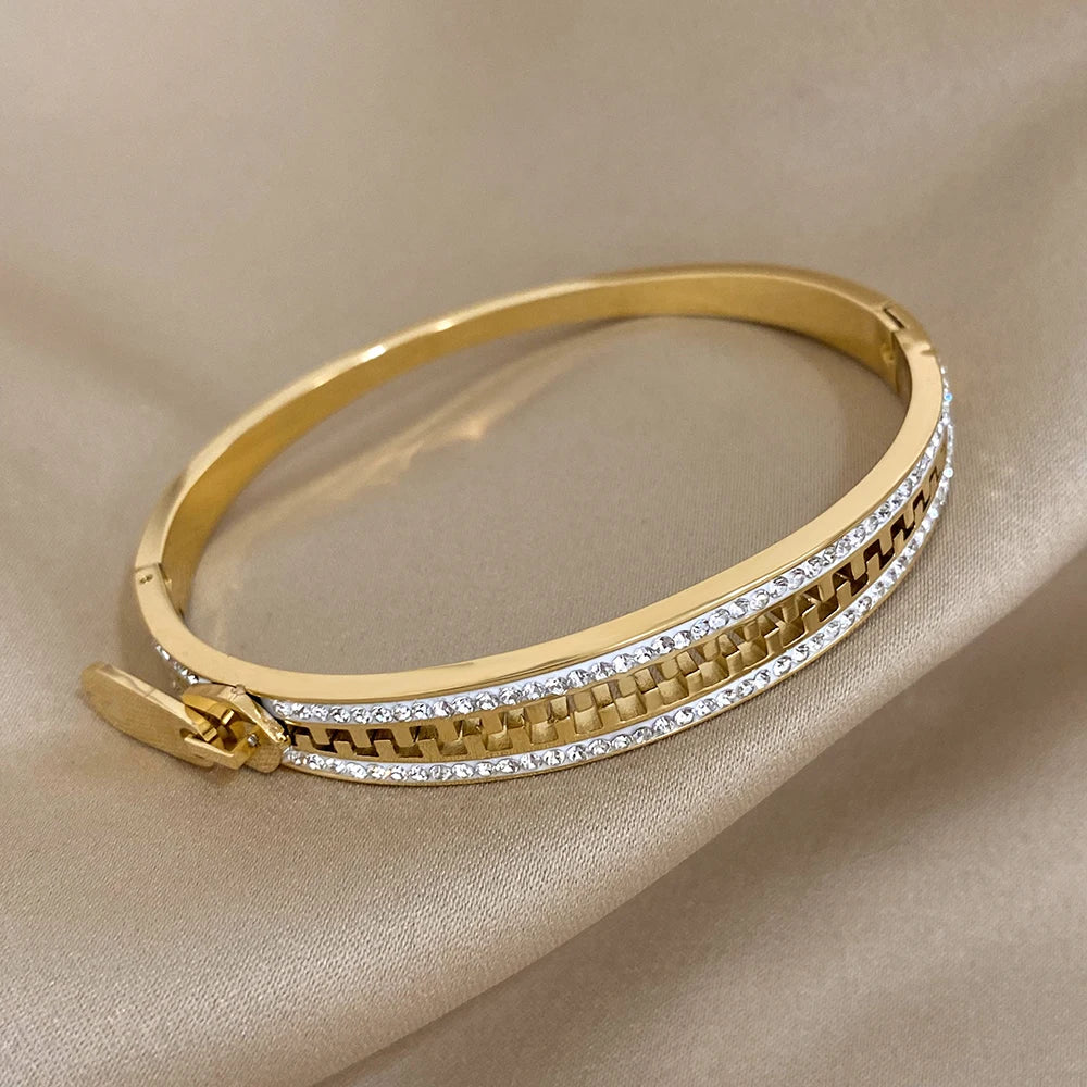 Gold-Plated Stainless Steel Zipper Bracelet Charm Bangle for Women