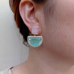 Semicircle Green Dangle Pink Cat Eye Stud Earrings