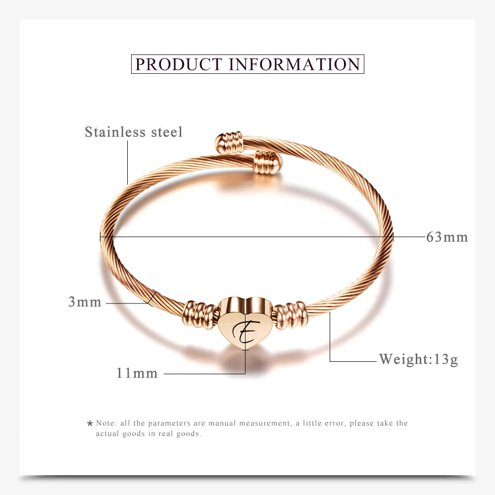 Rose Gold Color Heart Charm Cable Initial Bracelet for Women Girls