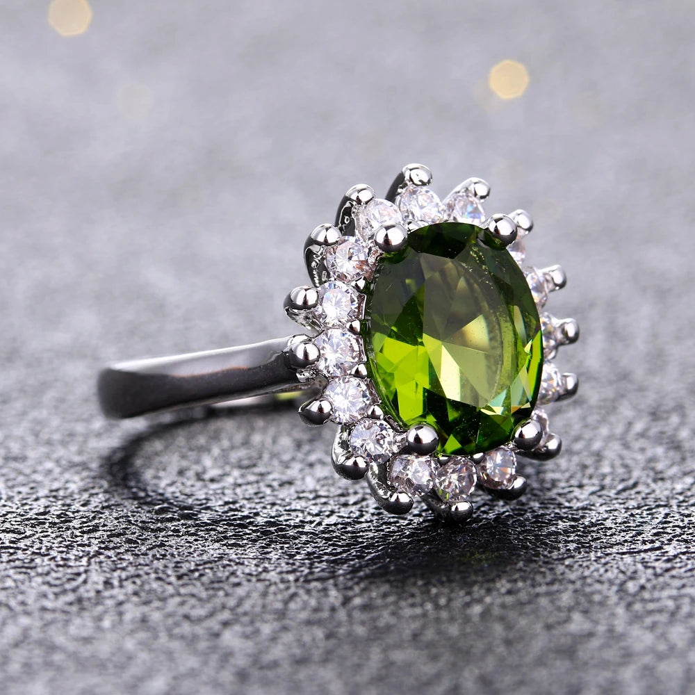 925 Sterling Silver Flower Ring with Peridot and Zircon Stones