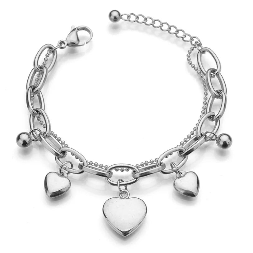 Stainless Steel Jewelry 2 Layer Love Heart Thick Chain Bracelets For Women