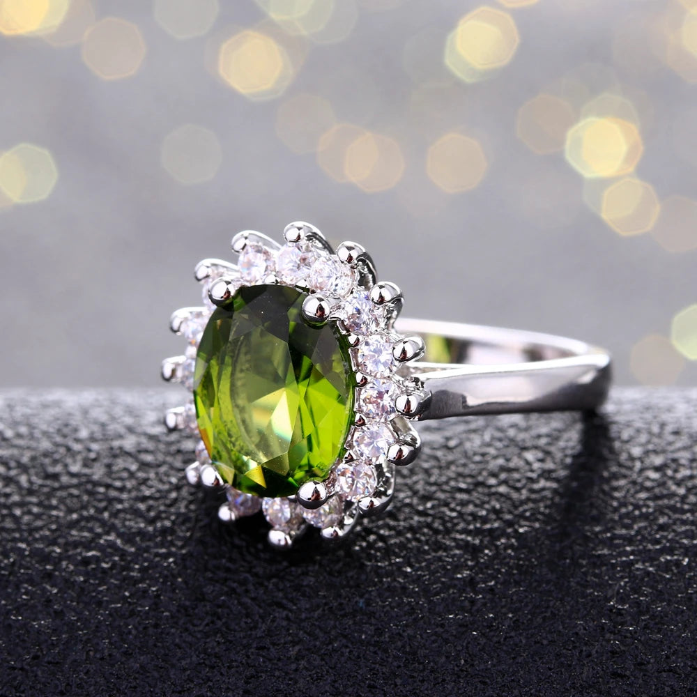 925 Sterling Silver Flower Ring with Peridot and Zircon Stones