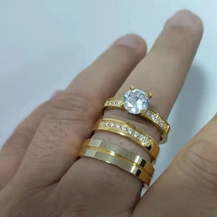 Fine Jewelry Wedding Engagement 18K Gold Plated Rings Set