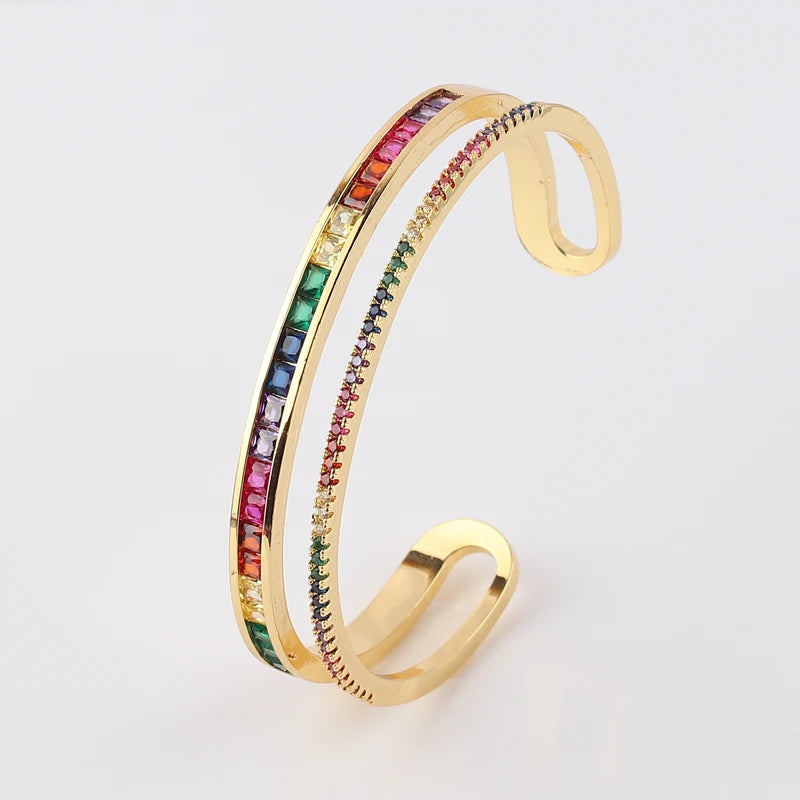 Gold-Plated Double Layer Cuff Bangle with Rainbow Accents