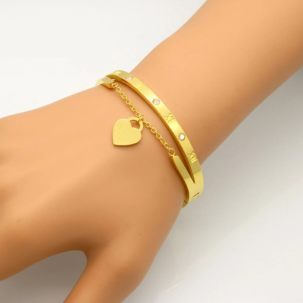 Elegant Crystal Heart Charm Bracelets in Gold and Rose Gold