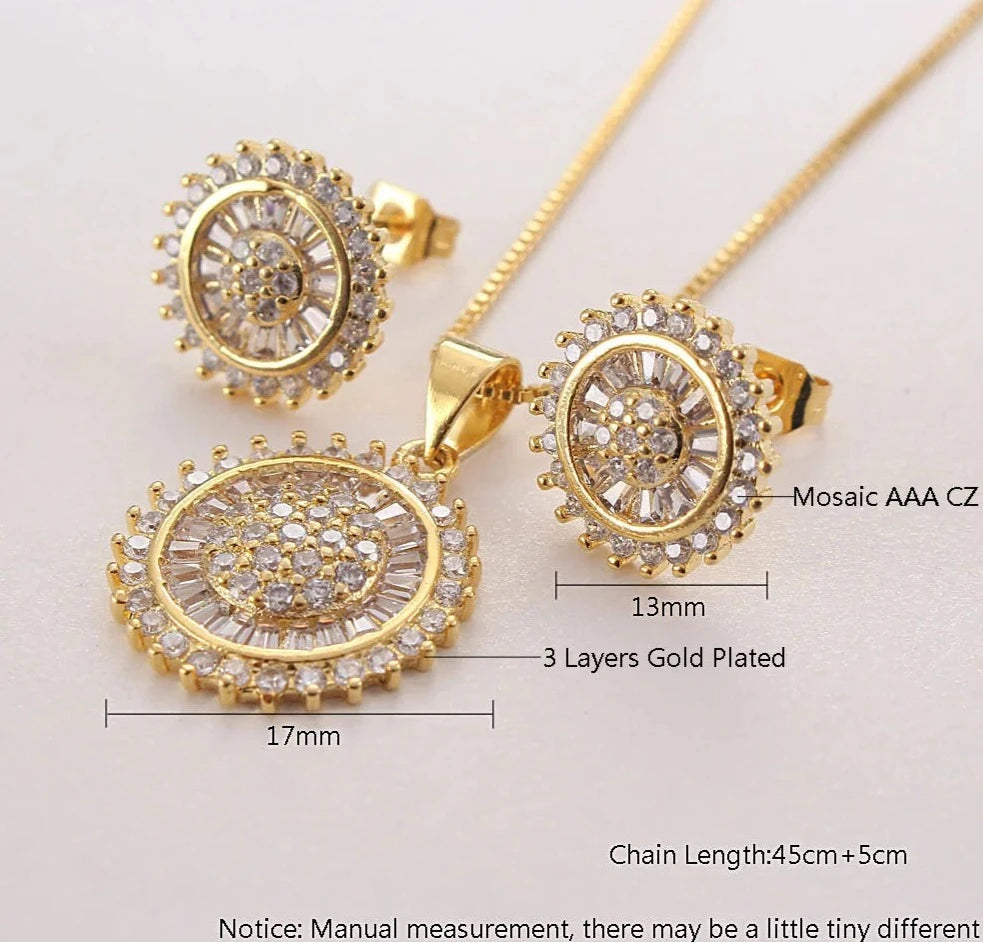 Round Zircon Pendant Necklace Earrings Set