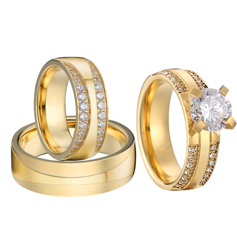 Fine Jewelry Wedding Engagement 18K Gold Plated Rings Set