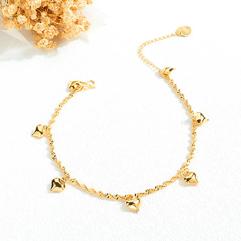 18K Gold Plated Twist Link Anklet with Heart Charms