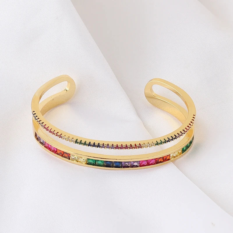 Gold-Plated Double Layer Cuff Bangle with Rainbow Accents