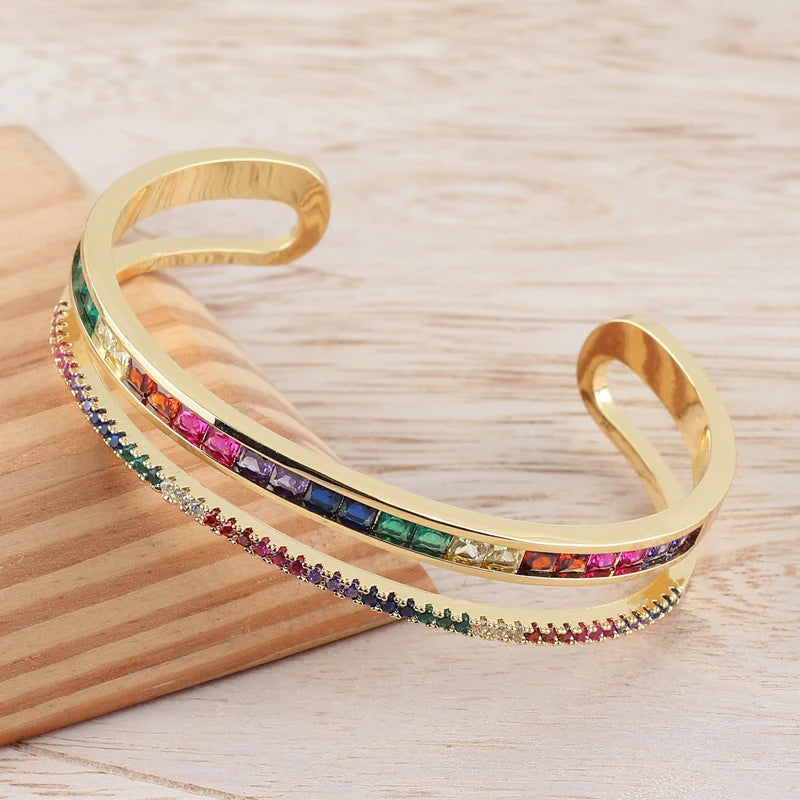 Gold-Plated Double Layer Cuff Bangle with Rainbow Accents