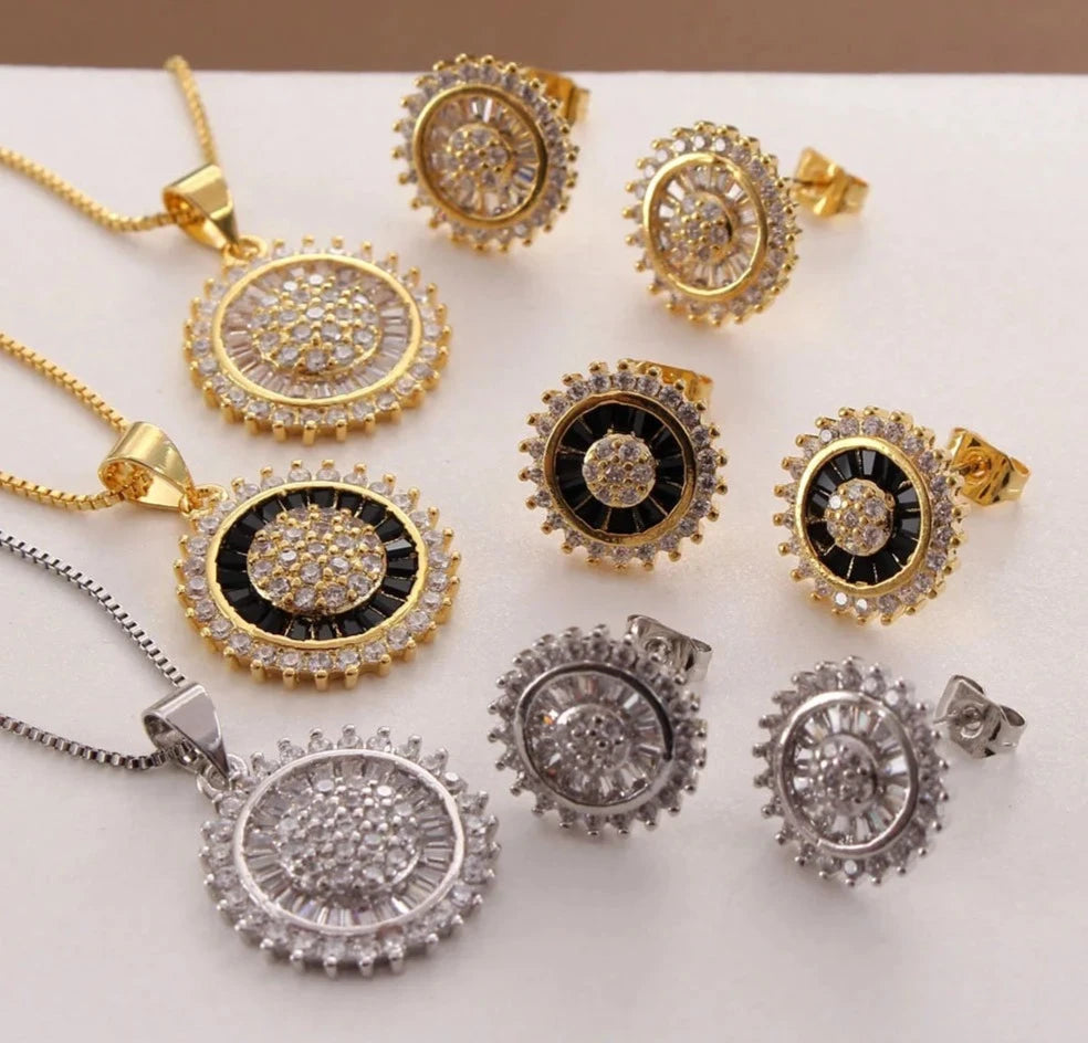 Round Zircon Pendant Necklace Earrings Set