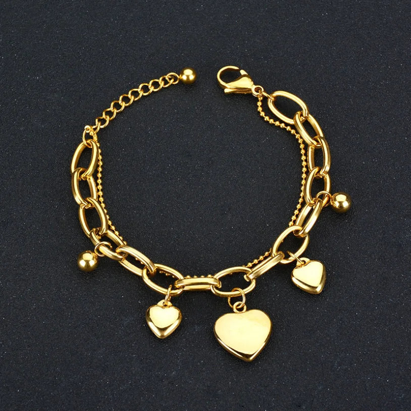 Stainless Steel Jewelry 2 Layer Love Heart Thick Chain Bracelets For Women