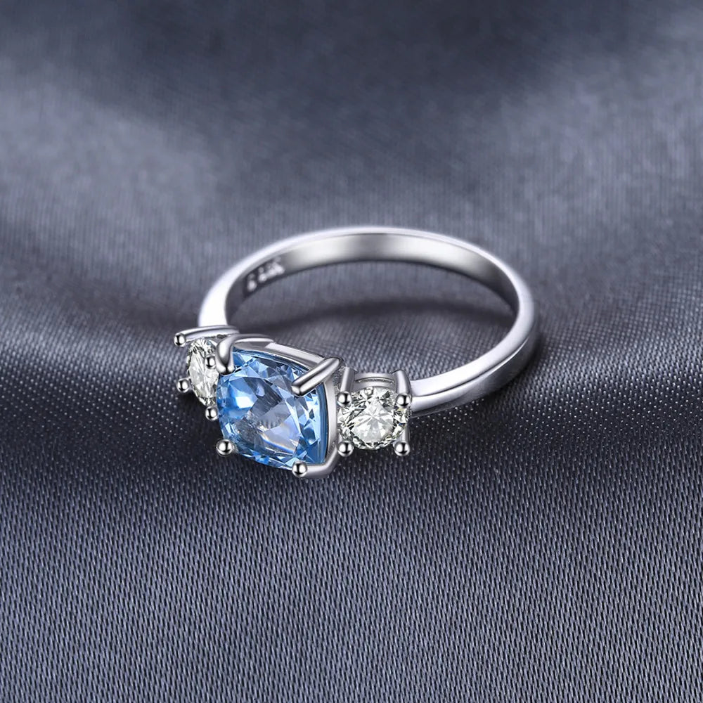 Square Natural Sky Blue Topaz Sterling Silver 3 Stone Ring