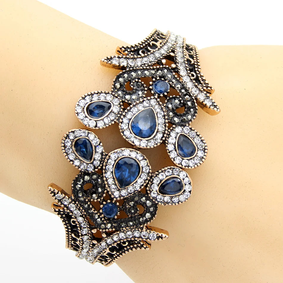 Ethnic Resin Flower and Crystal Peacock Cuff Bracelet