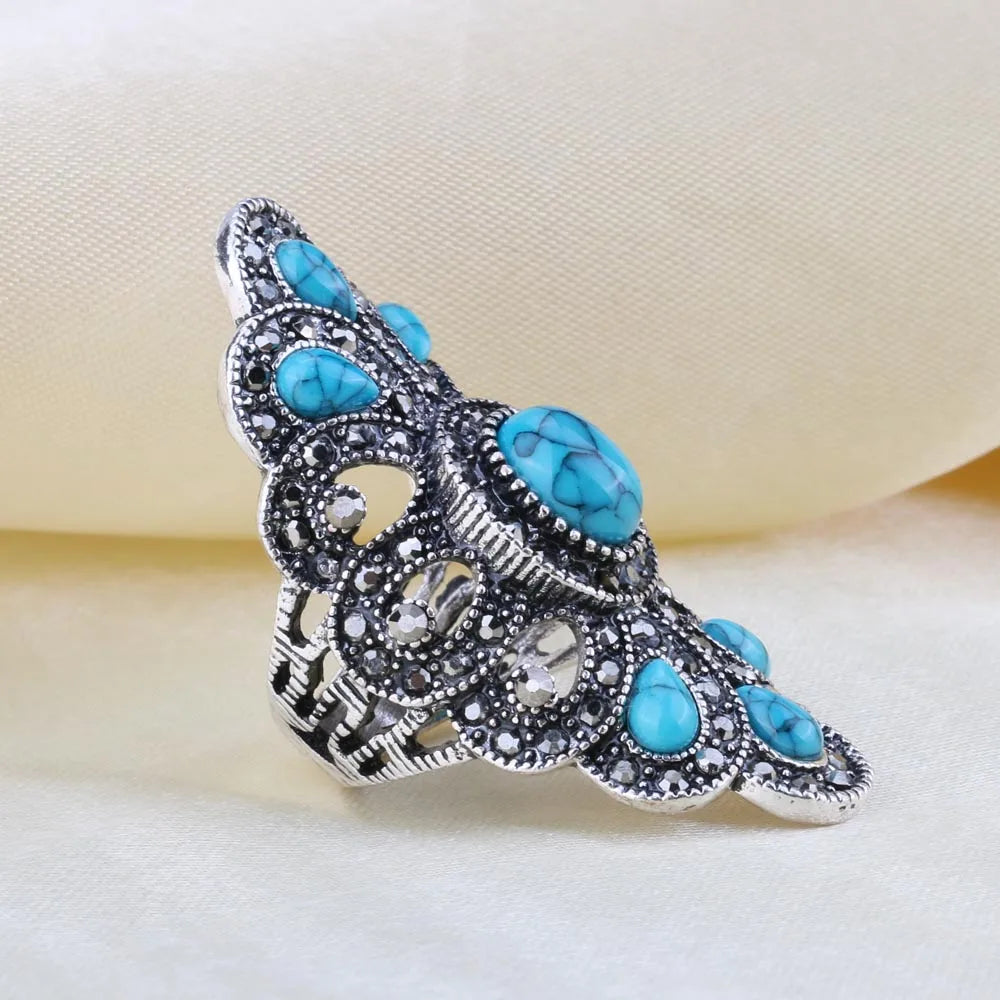 Vintage Blue Resin and Gray Crystal Charm Ring