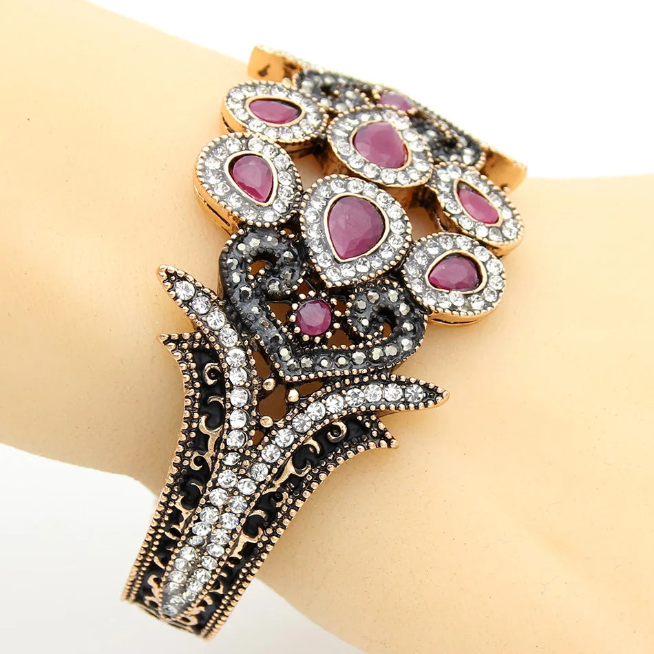 Ethnic Resin Flower and Crystal Peacock Cuff Bracelet