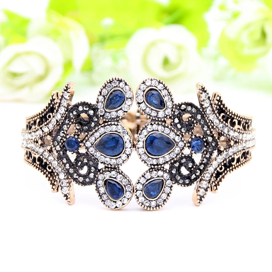 Ethnic Resin Flower and Crystal Peacock Cuff Bracelet