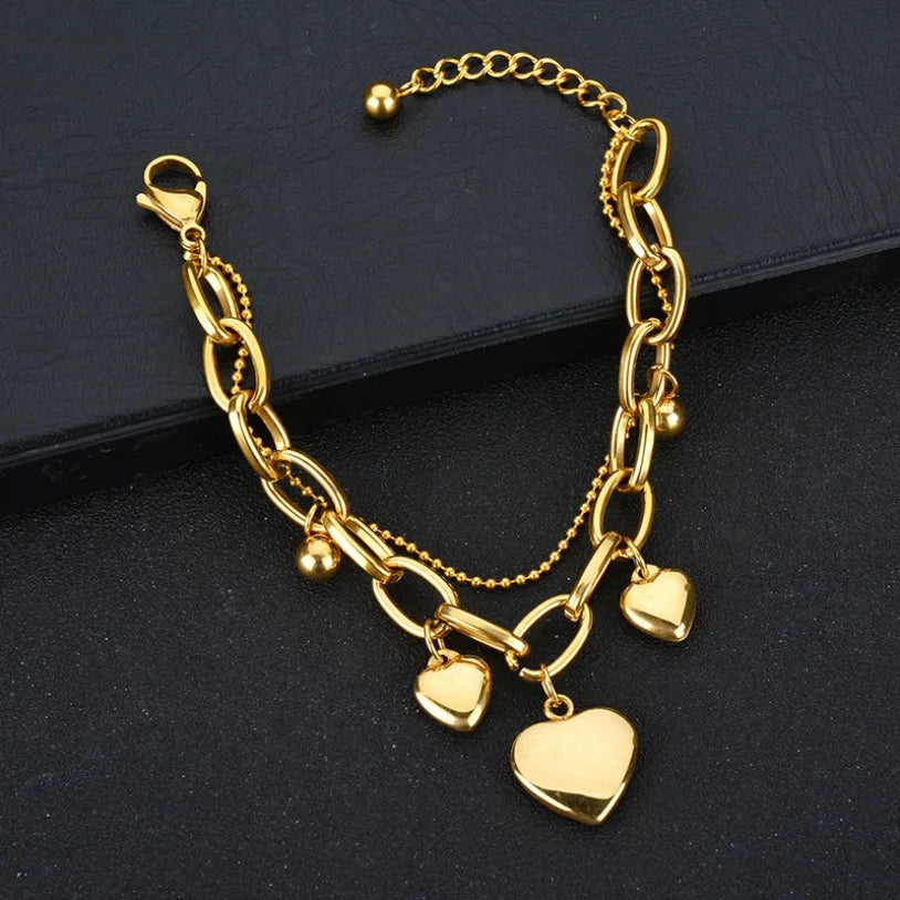 Stainless Steel Jewelry 2 Layer Love Heart Thick Chain Bracelets For Women