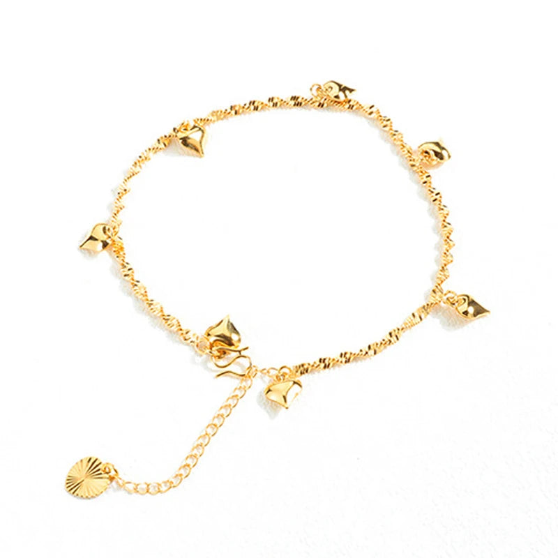 18K Gold Plated Twist Link Anklet with Heart Charms