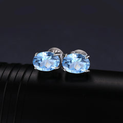 Classic Oval Blue Topaz Sterling Silver Stud Earrings