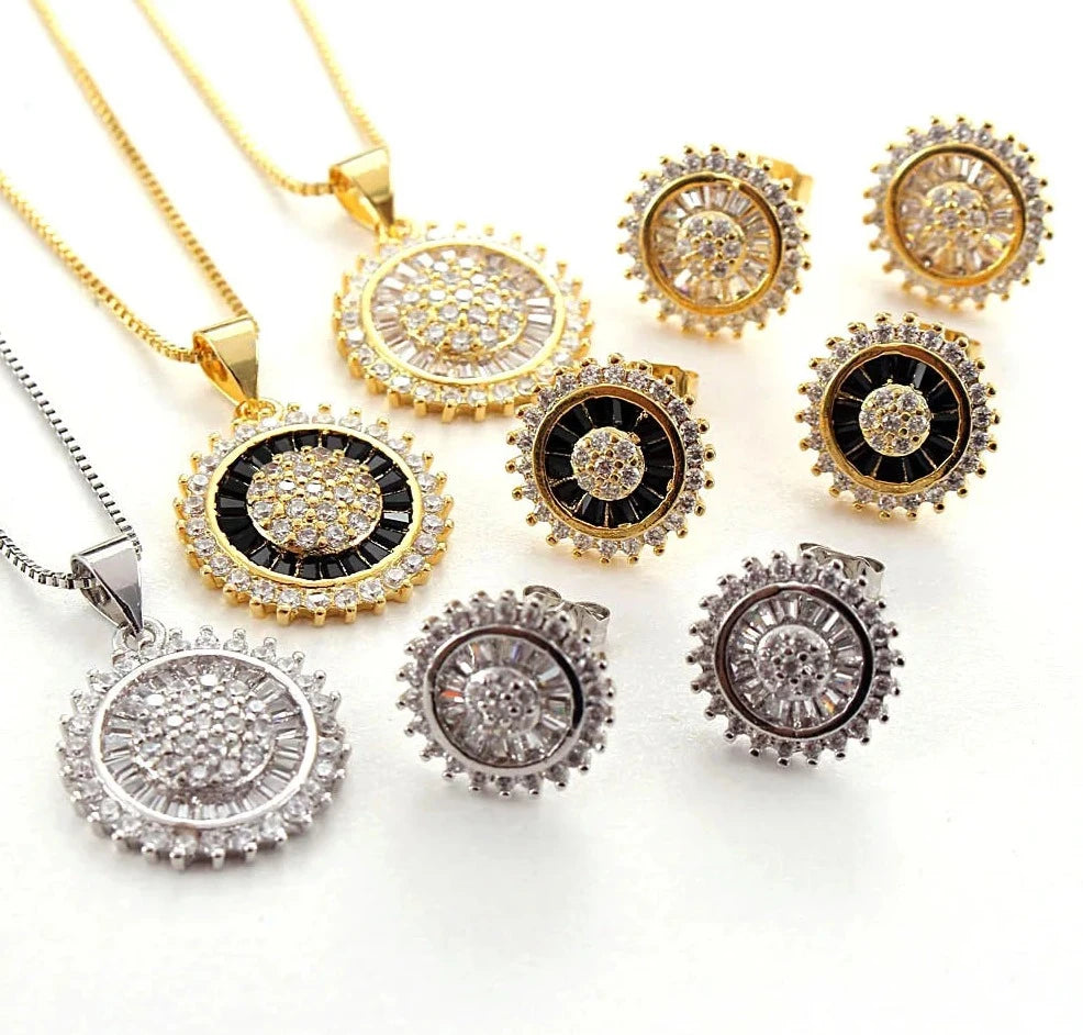 Round Zircon Pendant Necklace Earrings Set